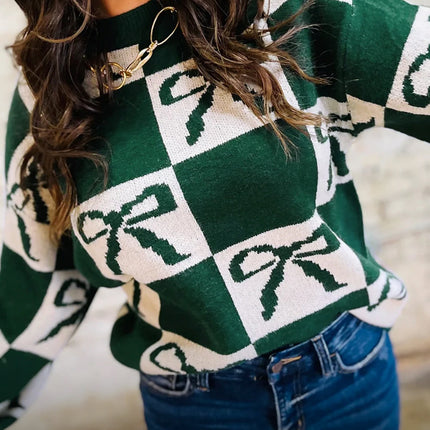 Blackish Green Bow Print Checkered Knit Sweater