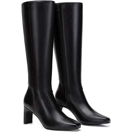 Athlefit Womens Size 8 Black Faux Leather 3" Block Heel Knee High Side Zip Boots