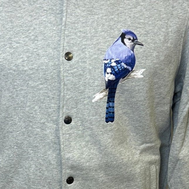 New Champion Mens Small Gray Snap Up Hand Printed Blue Jay Bird Bomber Jacket