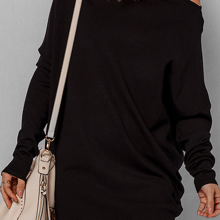 Black Asymmetric Neck Batwing Sleeve Shift Mini Sweater Dress