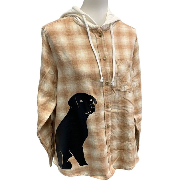 New Hand Printed Womens XL Black Lab Dog Long Sleeve Plaid Flannel Hoodie