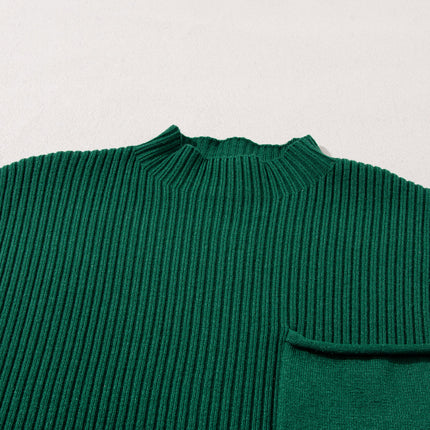 Green Patch Pocket Ribbed Knit Short Sleeve Sweater