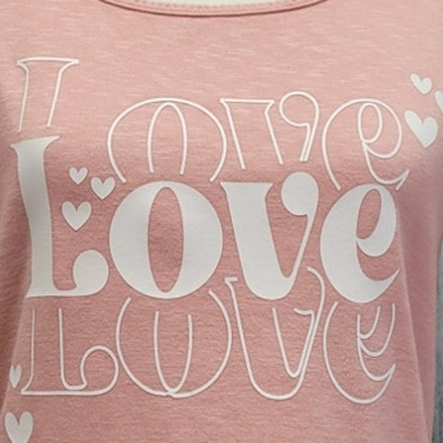 Hand Printed Upcycled Womens Medium Love Love Love Valentine Heart Tee Shirt
