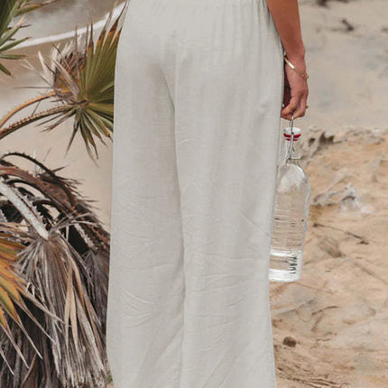 White Smocked Wide Waistband High Waist Wide Leg Pants