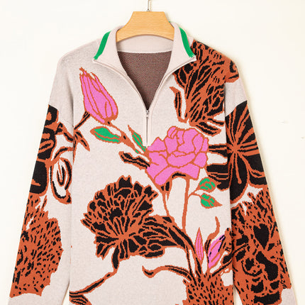 Khaki Contrast Trim Floral Pattern Quarter Zip Stand Neck Sweater