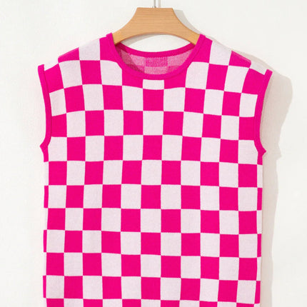 Rose Checkered Pattern Cap Sleeve Knitted Top