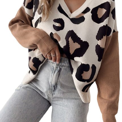 Jet Stream Leopard Print Colorblock Patchwork Sleeve V Neck Sweater