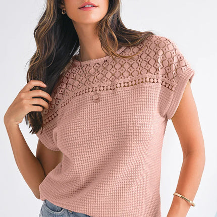 Mist Green Hollow Patchwork Waffle Knit Top