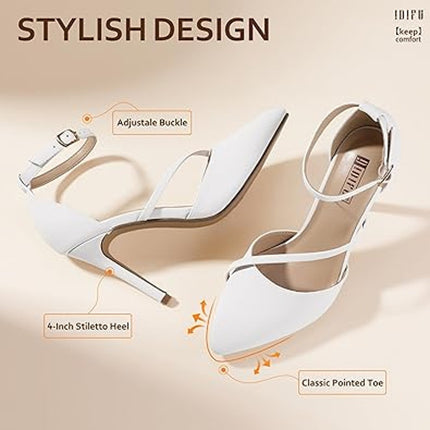 Idifu Womens 5.5 White 3.5" Stiletto Heel Pointed Closed Toe Ankle Strap Shoes