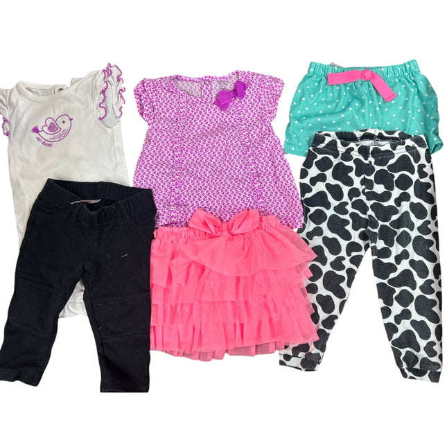 Lot of 6 Baby Girls 12 Months Bird One Piece Shirt Skirt Polka Dot Shorts Pants
