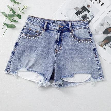 Beau Blue Pearl Studded Pocket Raw Hem Denim Shorts