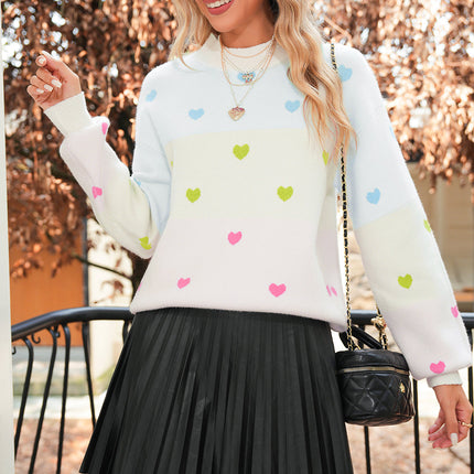 Multicolor Heart Pattern Colorblock High Neck Sweater