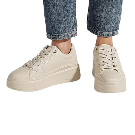Lucky Step Womens Size 8.5 Beige Faux Leather 2" Platform Lace Up Sneaker Shoes