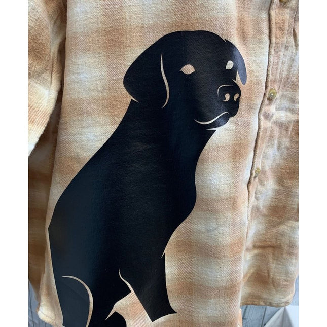 New Hand Printed Womens XL Black Lab Dog Long Sleeve Plaid Flannel Hoodie