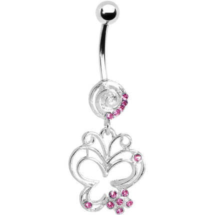 Pink Gem Flower Butterfly Swirl Dangle Belly Ring