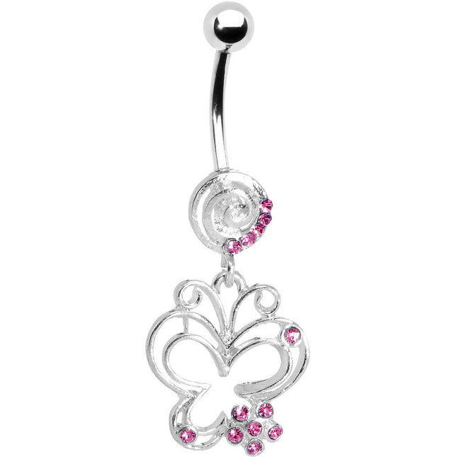 Pink Gem Flower Butterfly Swirl Dangle Belly Ring