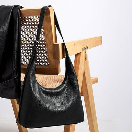 Kalidi Womens Black Faux Leather Adjustable Strap Zipper Close Crescent Tote Bag