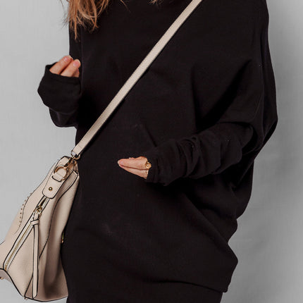 Black Asymmetric Neck Batwing Sleeve Shift Mini Sweater Dress