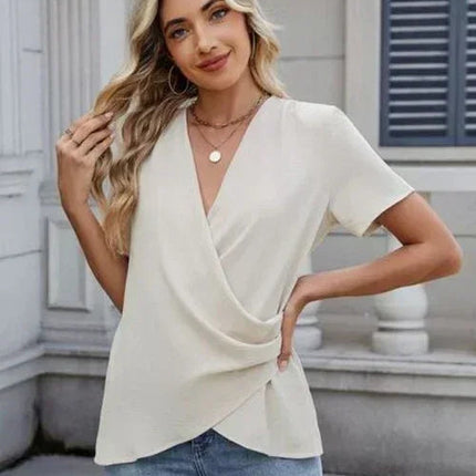 Out of State - Solid Color Surplice Short Sleeve Blouse