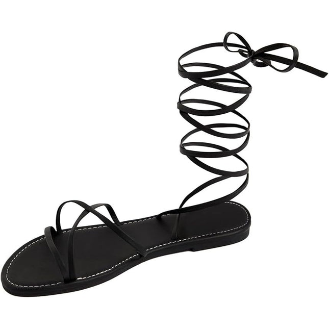 Gorglitter Womens Size 10.5 Black Faux Leather Gladiator Ankle Wrap Flat Sandals