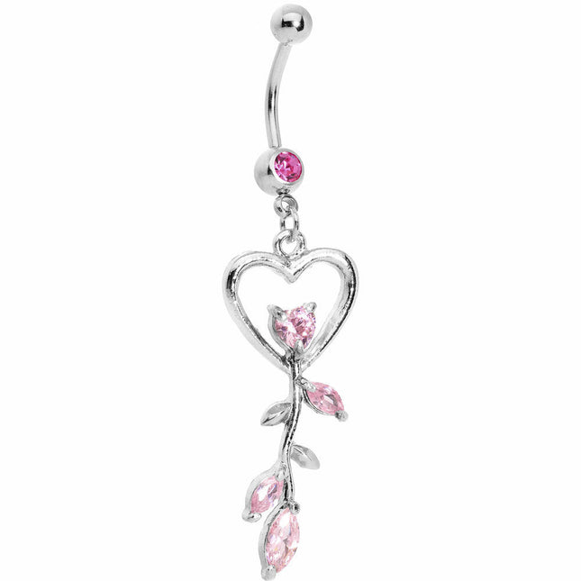 Pink Gem Heart Rose Flower Floral Belly Ring