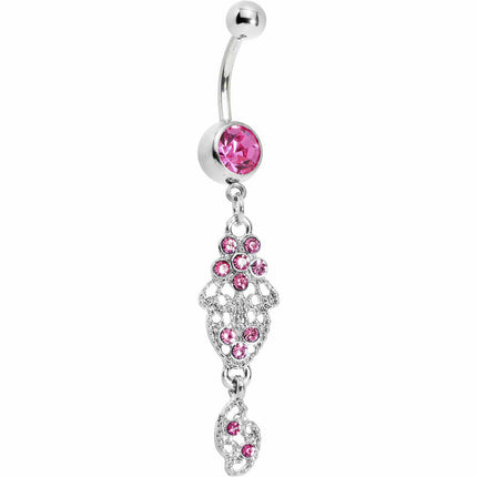 Pink Gem Floral Lace Filigree Dangle Belly Ring