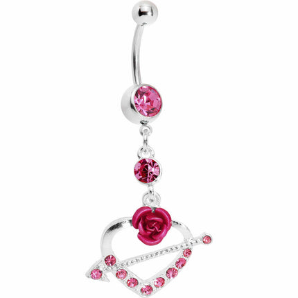 Pink Gem Rose Flower Heart with Arrow Belly Ring