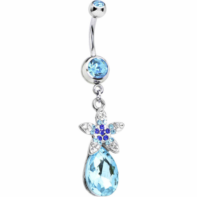 Aqua Gem Exotic Flower Teardrop Belly Ring