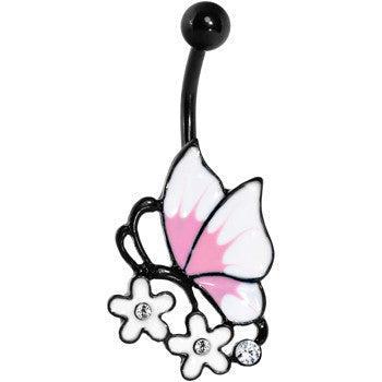 Clear Gem Black Pink Burst White Butterfly Flower Belly Ring