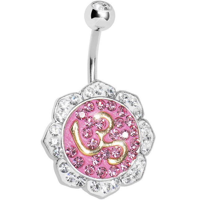 Crystalline Gem Pink Lotus Flower Ohm Belly Ring