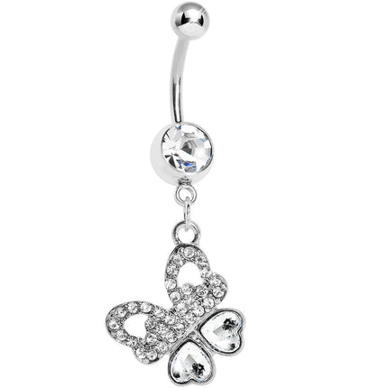 Crystalline Gem Paved Heart Wing Butterfly Belly Ring