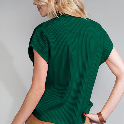 Green Patch Pocket Ribbed Knit Short Sleeve Sweater