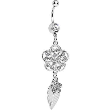 Clear Crystalline Gem Flower Falling Leaf Belly Ring