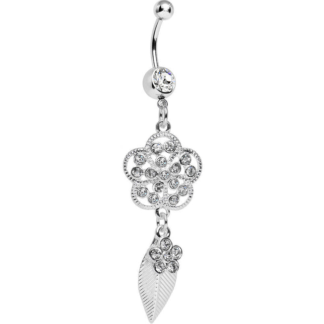 Clear Crystalline Gem Flower Falling Leaf Belly Ring