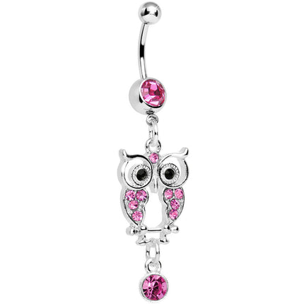 Pink Gem Owl Dangle Belly Ring