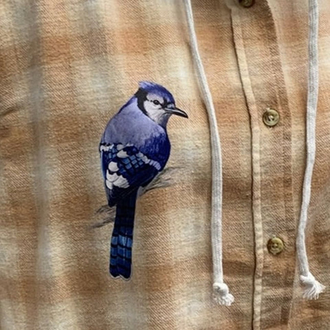New Hand Printed Womens Medium Blue Jay Bird Plaid Flannel Long Sleeve Hoodie