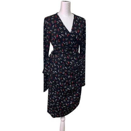Lark & Ro Womens Medium Red Black Floral Long Sleeve V Neck Belt Tie Wrap Dress