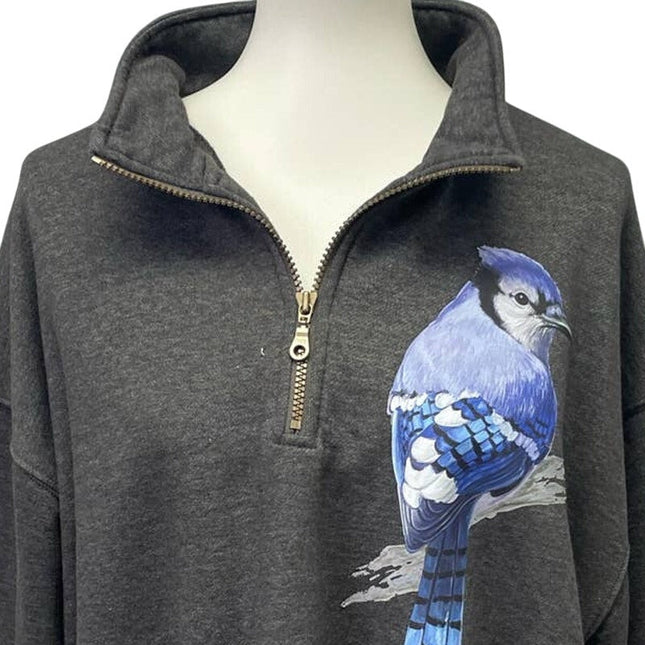 Hand Printed Upcycled Mens 2XL Blue Jay Bird Soft 1/4 Zip Pullover Sweatshirt