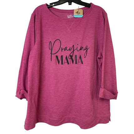 Upcycled Hand Printed Women Large Praying Mama 3/4 Sleeve Lightweight Sweatshirt