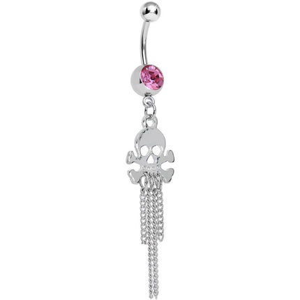 Pink Gem Rattling Chains Skull and Bones Dangle Belly Ring