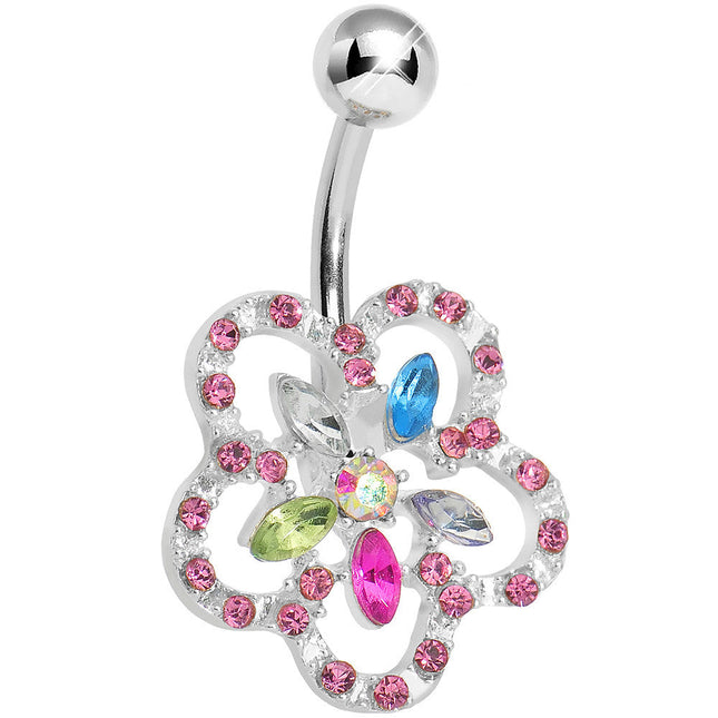 Lower Mount Multi Gem Hollow Flower Belly Ring