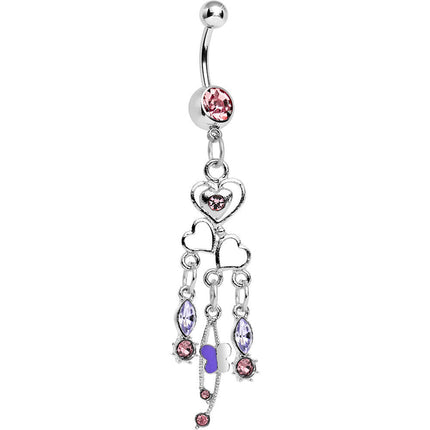 Pink Purple Gem Plethora of Hearts Dangle Belly Ring