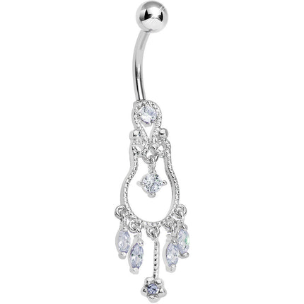 Light Purple Gem Pear with Dainty Rose Flower Dangle Belly Ring