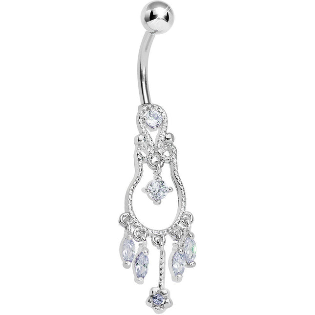 Light Purple Gem Pear with Dainty Rose Flower Dangle Belly Ring