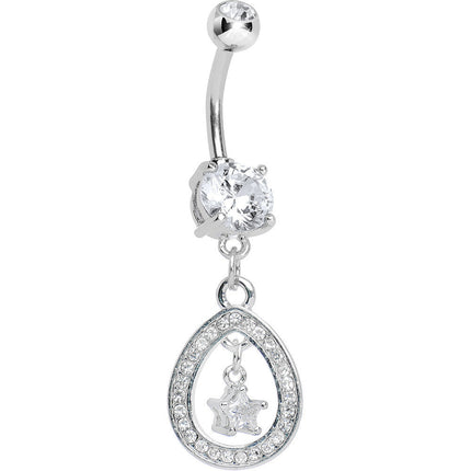 Crystalline Paved Hollow Raindrop and Gem Star Dangle Belly Ring