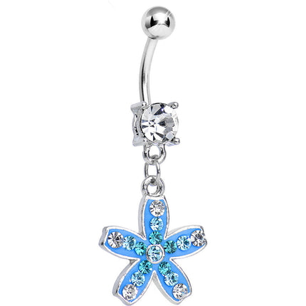 Clear Gem Sparkling Paved Aqua Star Flower Dangle Belly Ring