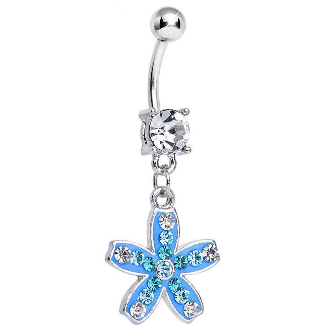 Clear Gem Sparkling Paved Aqua Star Flower Dangle Belly Ring