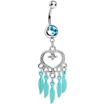 Aqua Gem Heart Full of Dreamcatcher Dangle Belly Ring