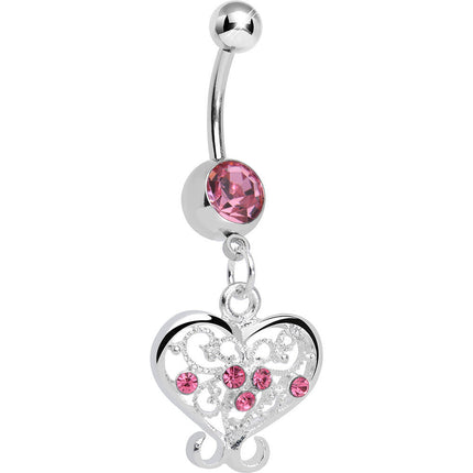 Pink Gem Opulent Scrolled Heart Dangle Belly Ring
