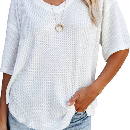 Blue Exposed Seam Drop Sleeve V Neck Waffle Textured Top